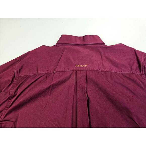 Ariat Size Medium Mens Burgundy Button Down Embroidered Chest Neck Logo Shirt - Picture 8 of 11